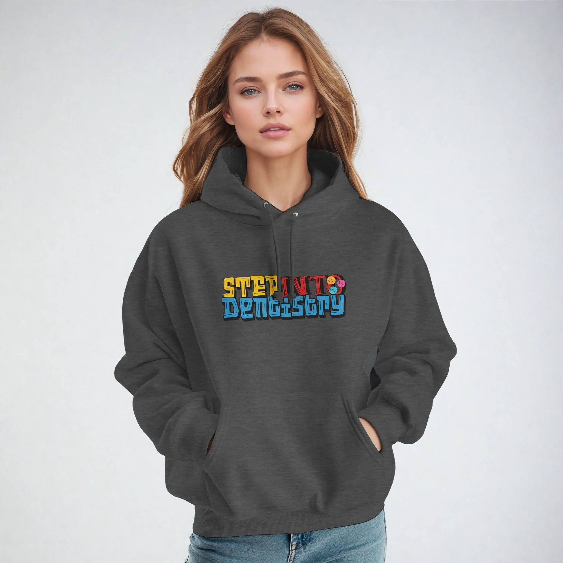 Personalized Premium Unisex Hoodie featuring 'Step Into Dentistry' design on a model, perfect for future dental professionals.