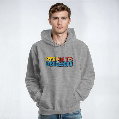 Gray unisex hoodie featuring 'Step Into Dentistry' design, perfect for dental students and professionals.