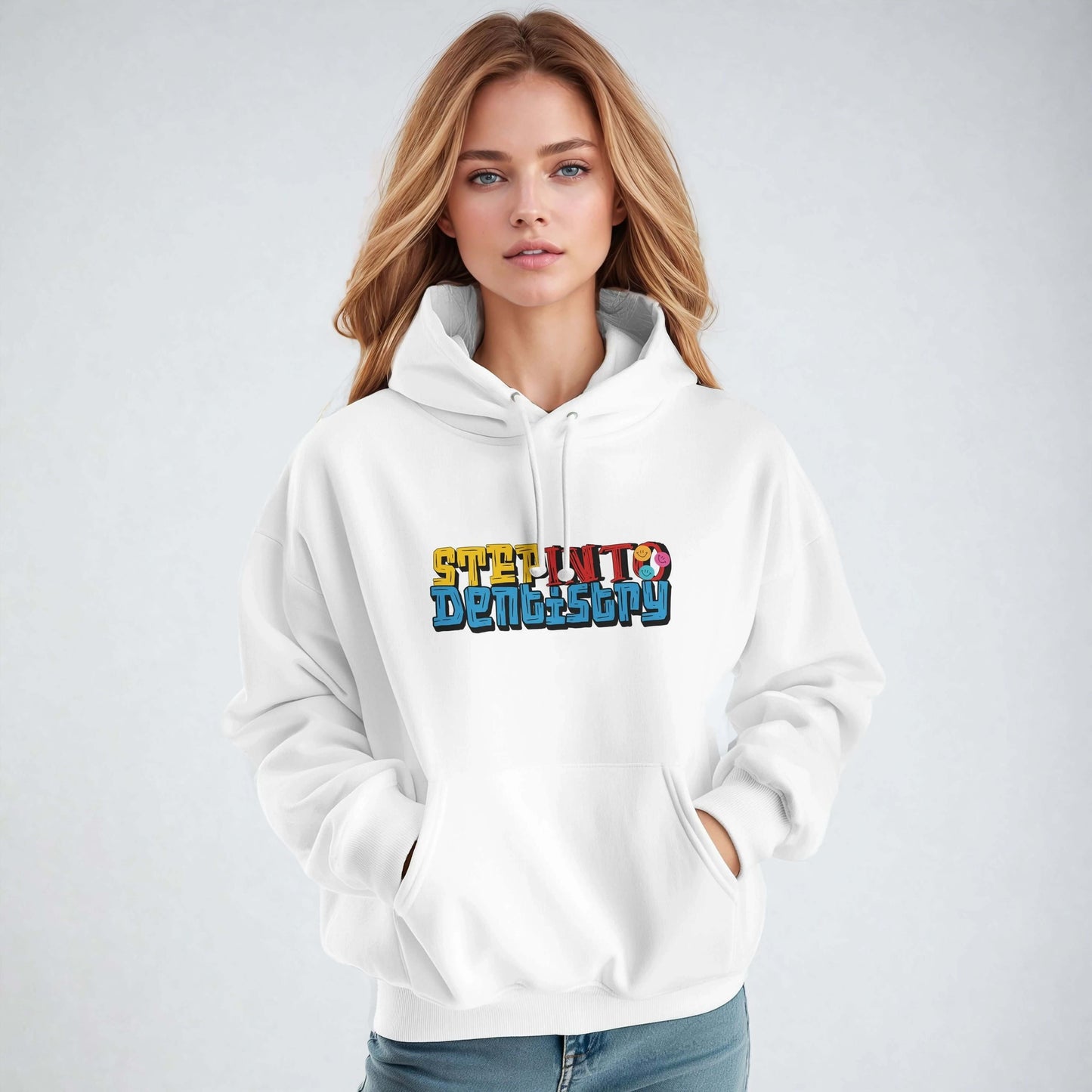 Personalized Premium Unisex Hoodie - Step Into Dentistry, stylish white hoodie with bold dental design, ideal for dental students.