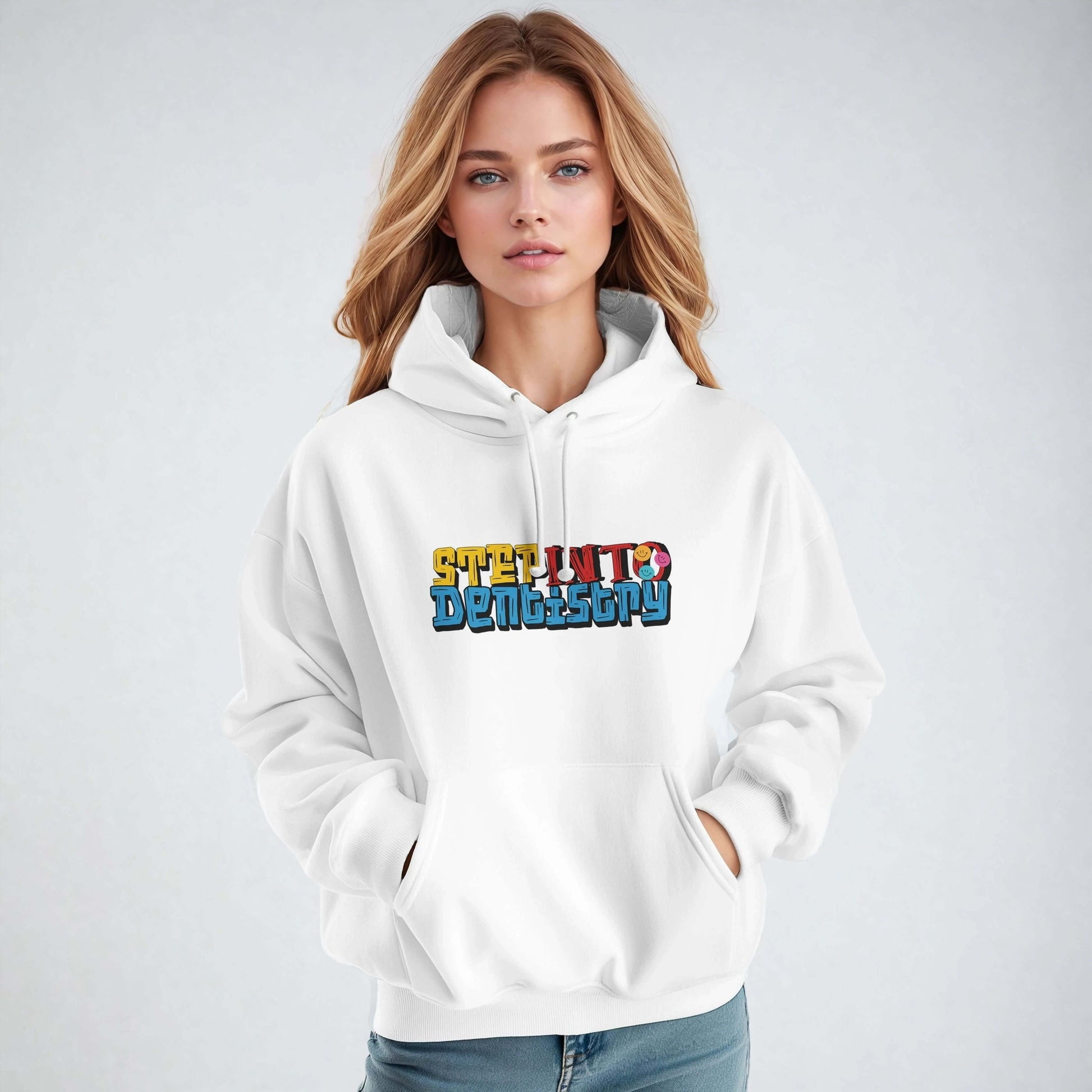 Personalized Premium Unisex Hoodie - Step Into Dentistry, stylish white hoodie with bold dental design, ideal for dental students.