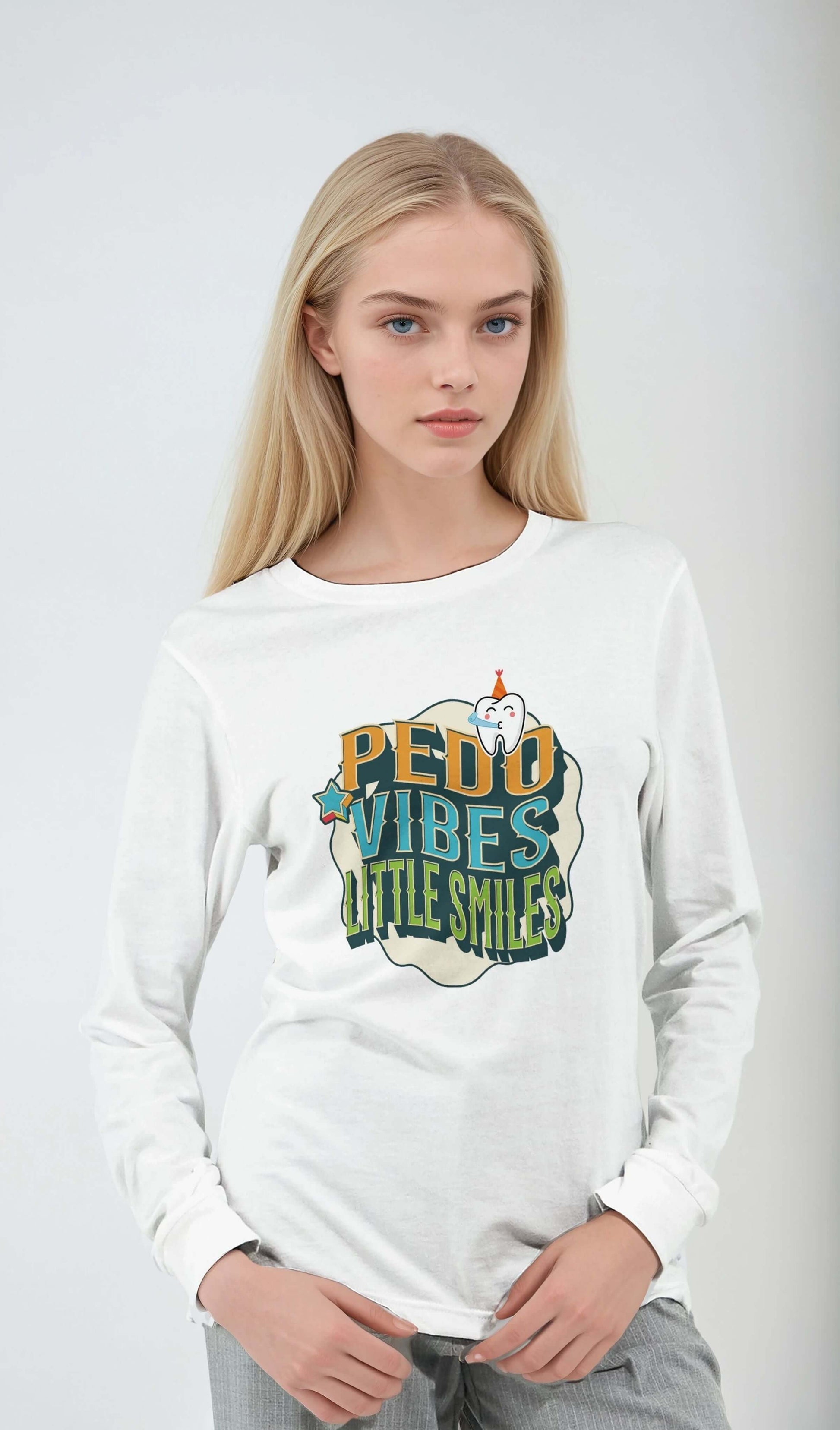 Model wearing a personalized unisex long sleeve t-shirt featuring 'PEDO VIBES, Little Smiles' design.