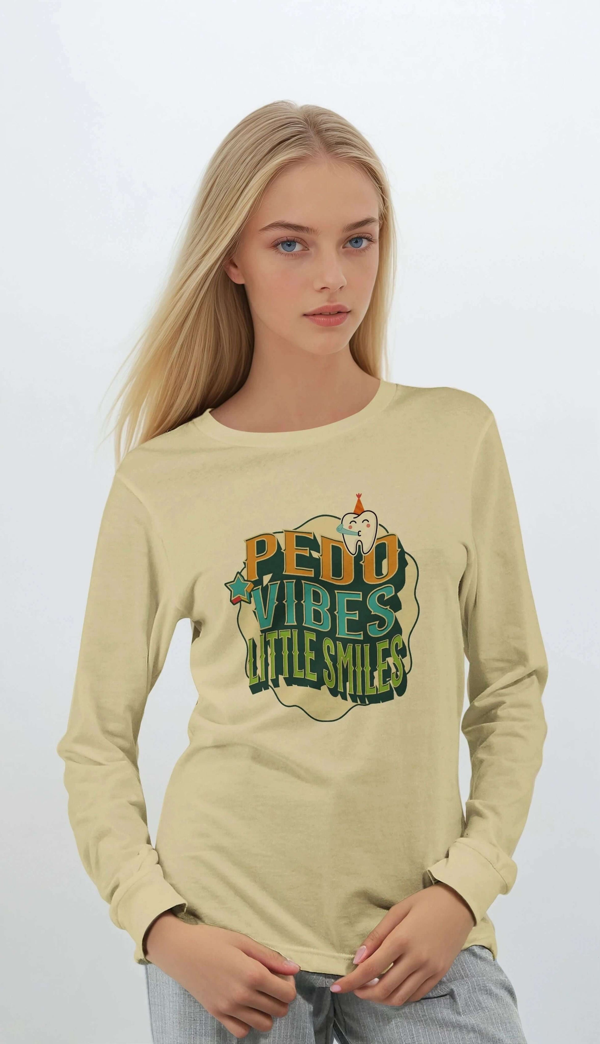 Personalized Premium Unisex Long Sleeve T-shirt featuring playful design 'PEDO VIBES, Little Smiles' in a soft yellow color.