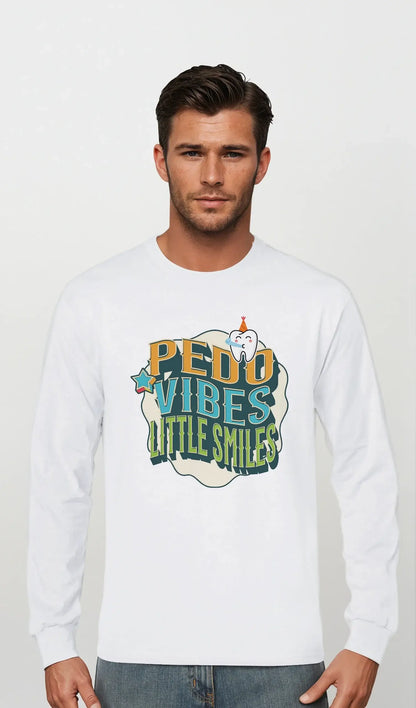 Personalized Premium Unisex Long Sleeve T-shirt featuring 'PEDO VIBES, Little Smiles' design, ideal for pediatric dentistry.