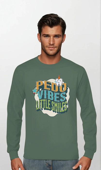 Personalized Premium Unisex Long Sleeve T-shirt featuring 'PEDO VIBES, Little Smiles' design on a green background.