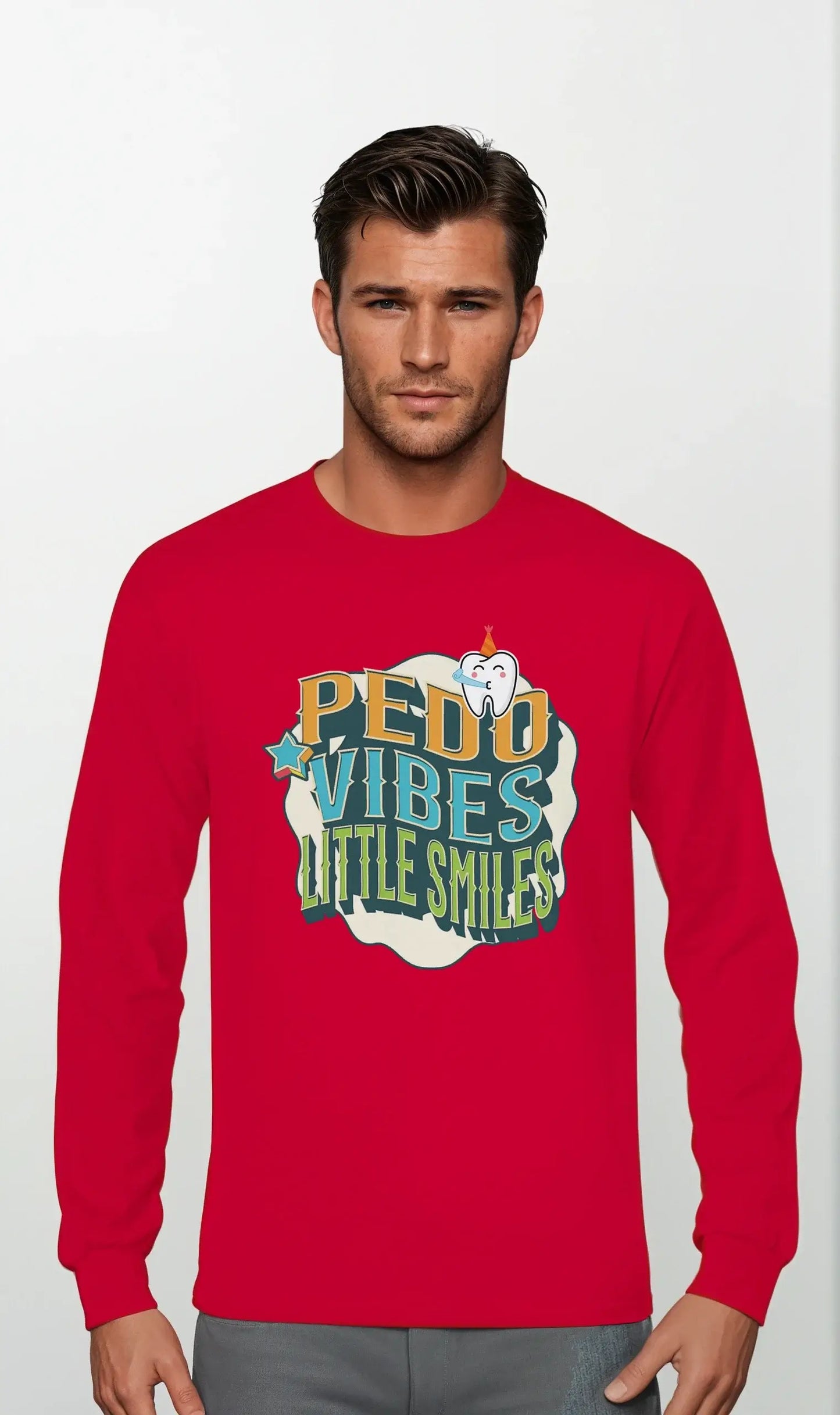 Personalized Premium Unisex Long Sleeve T-shirt featuring 'PEDO VIBES, Little Smiles' design in red.