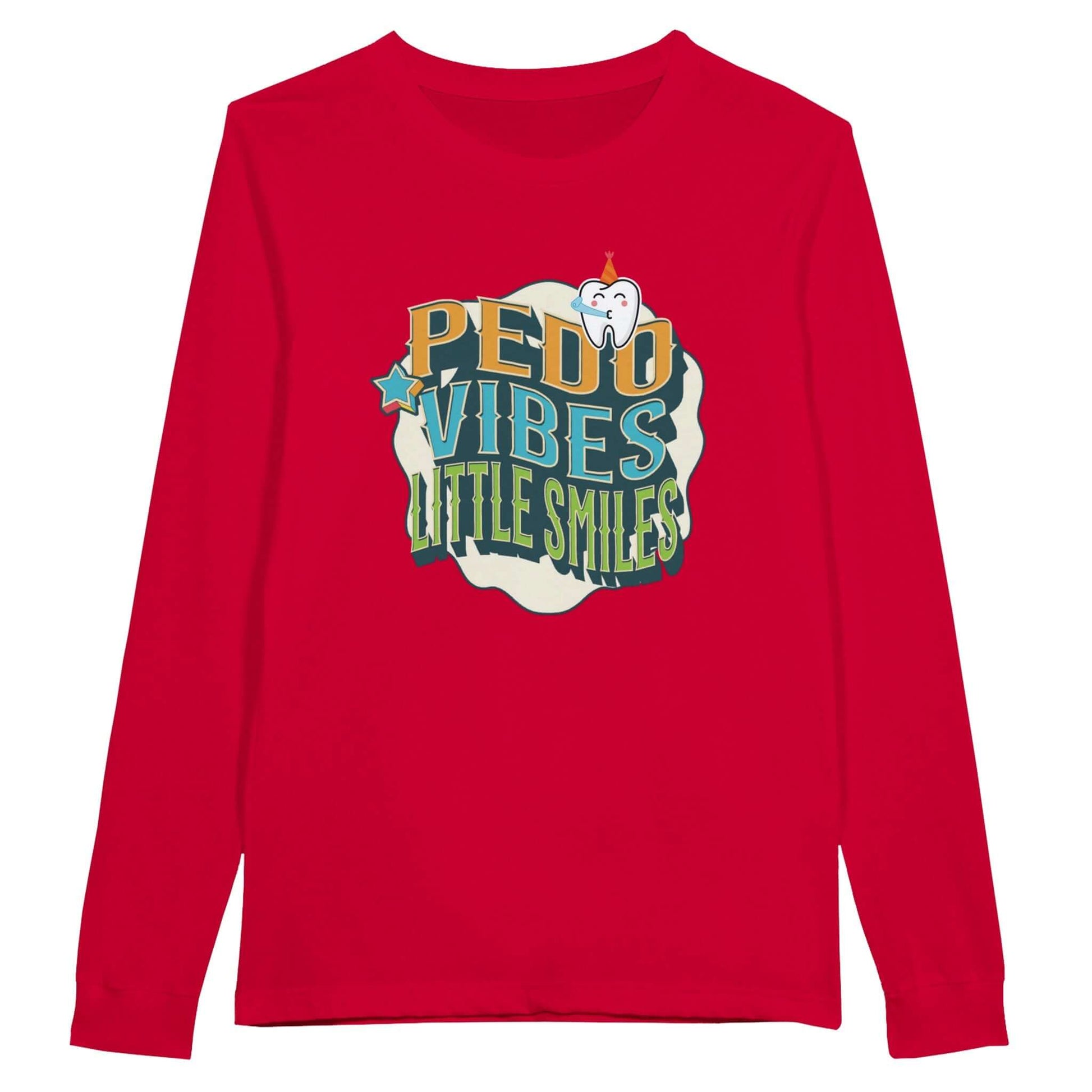 Personalized Premium Unisex Long Sleeve T-shirt with 'PEDO VIBES, Little Smiles' design on a red background.