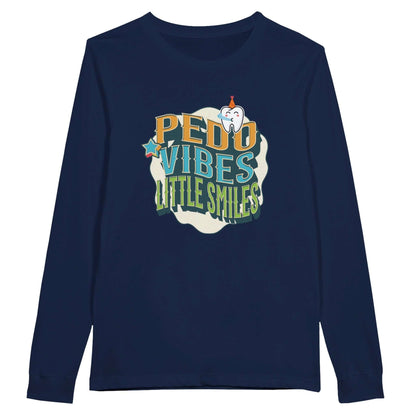 Personalized Premium Unisex Long Sleeve T-shirt featuring 'PEDO VIBES' and 'Little Smiles' design on navy fabric.