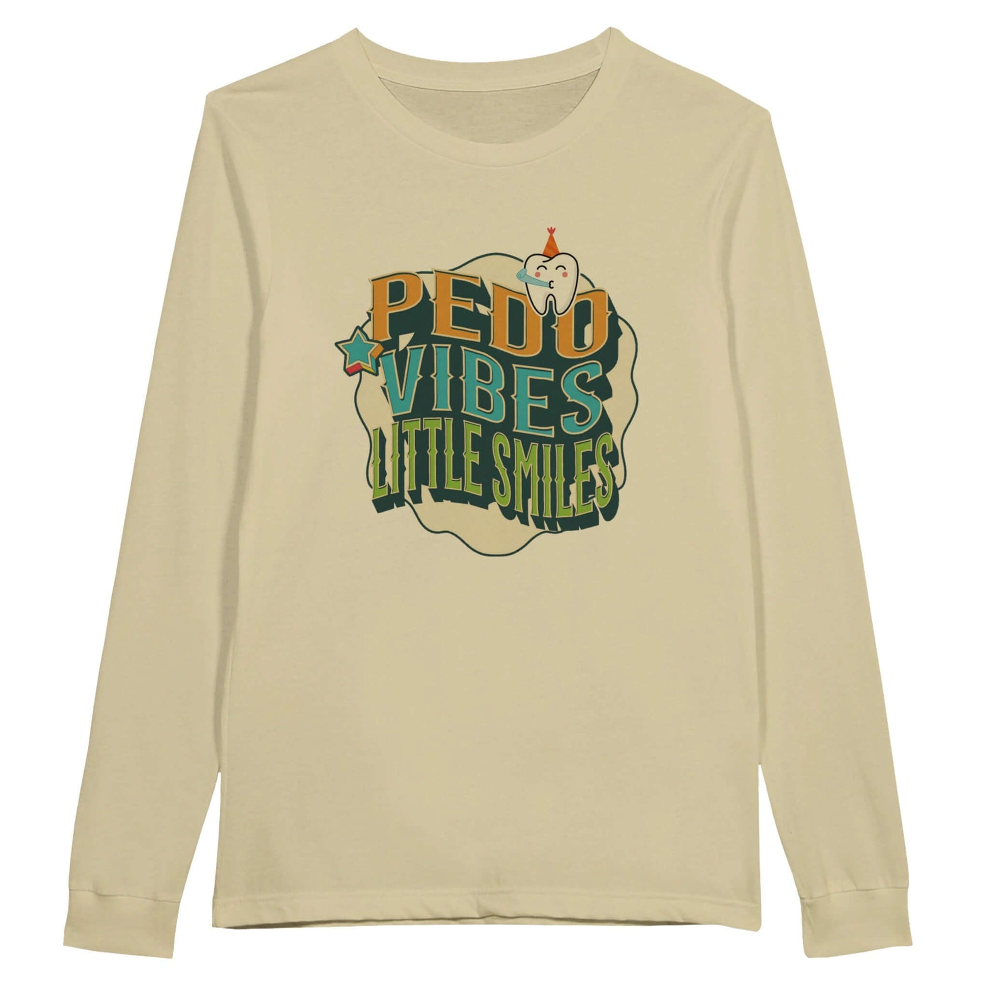 Personalized Premium Unisex Long Sleeve T-shirt with PEDO VIBES and Little Smiles design, perfect for pediatric dentistry.