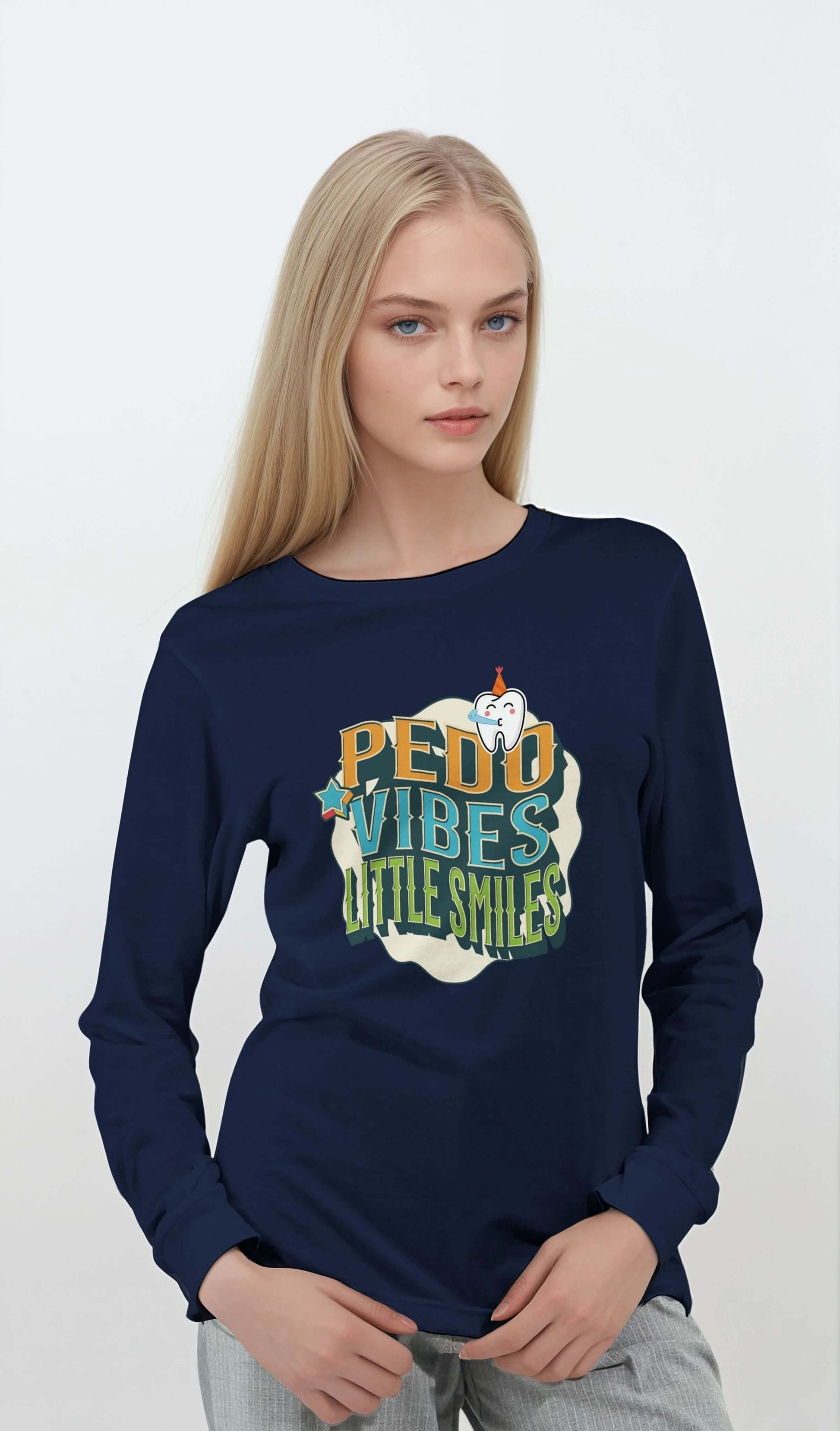 Personalized Premium Unisex Long Sleeve T-shirt featuring PEDO VIBES and Little Smiles design, perfect for pediatric dentistry.