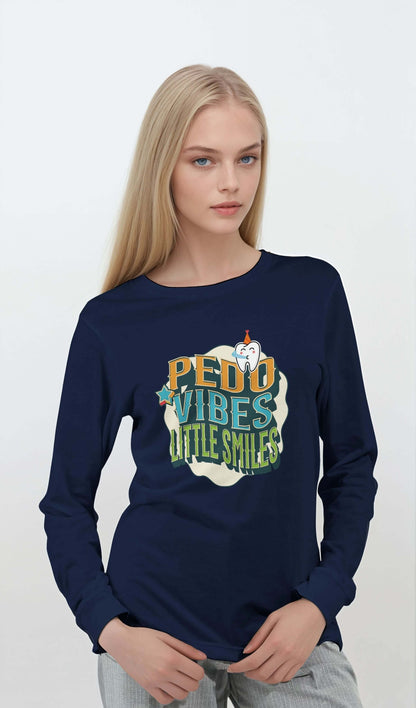 Personalized Premium Unisex Long Sleeve T-shirt featuring PEDO VIBES and Little Smiles design, perfect for pediatric dentistry.