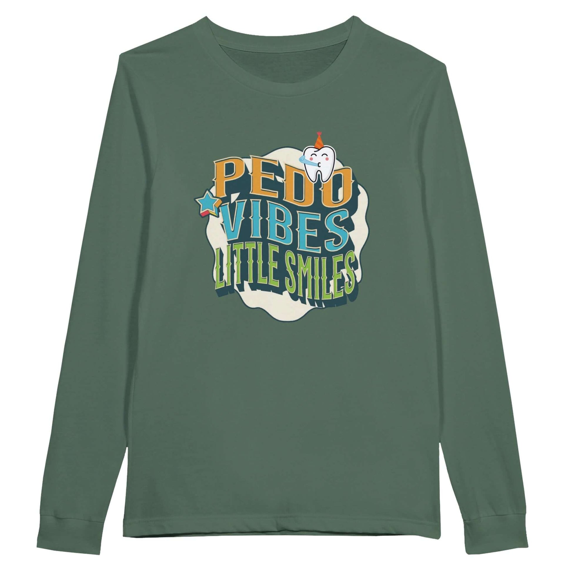 Personalized Premium Unisex Long Sleeve T-shirt with PEDO VIBES and Little Smiles graphic on green fabric.