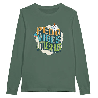 Personalized Premium Unisex Long Sleeve T-shirt with PEDO VIBES and Little Smiles graphic on green fabric.