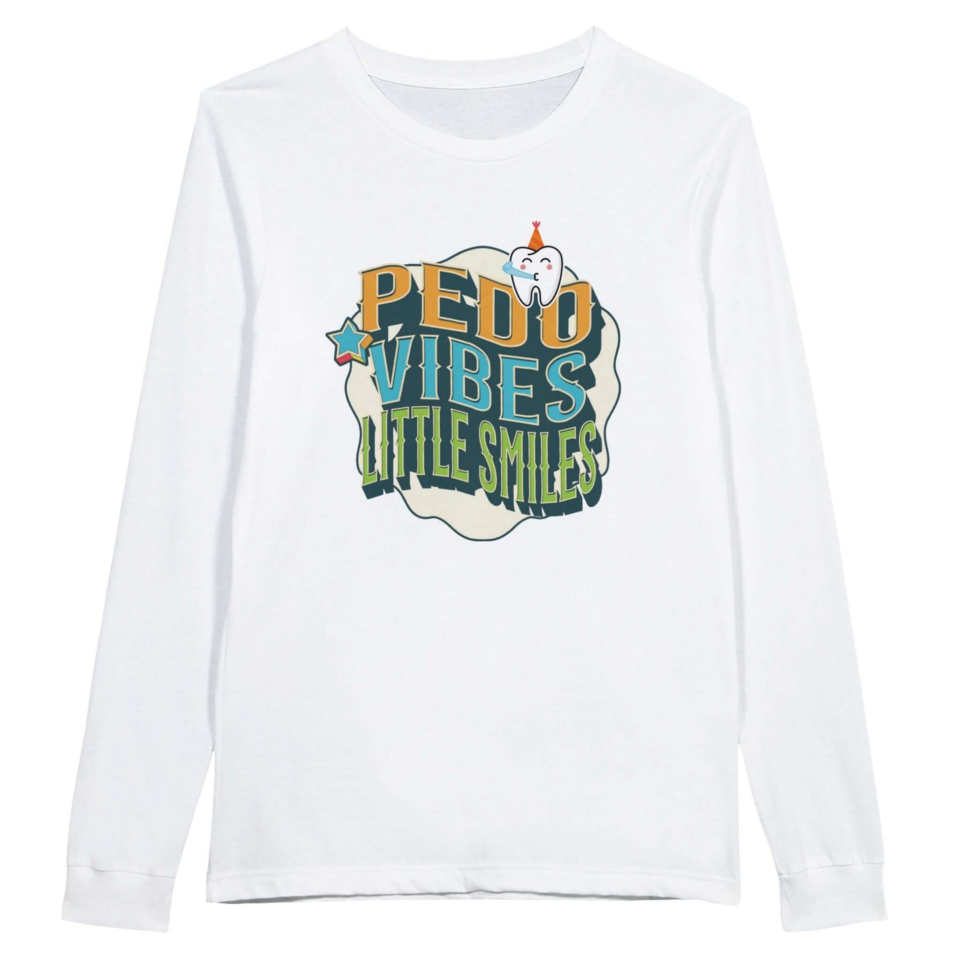 Personalized Premium Unisex Long Sleeve T-shirt with 'PEDO VIBES, Little Smiles' design, perfect for pediatric dentistry.