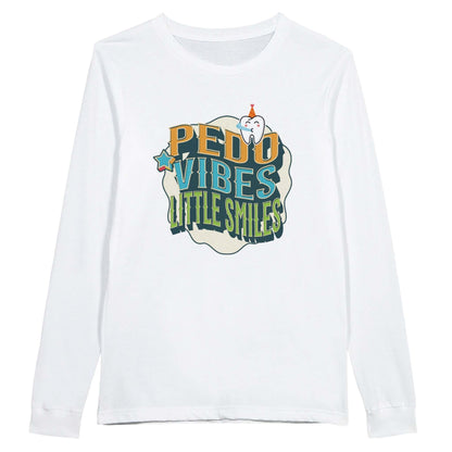 Personalized Premium Unisex Long Sleeve T-shirt with 'PEDO VIBES, Little Smiles' design, perfect for pediatric dentistry.