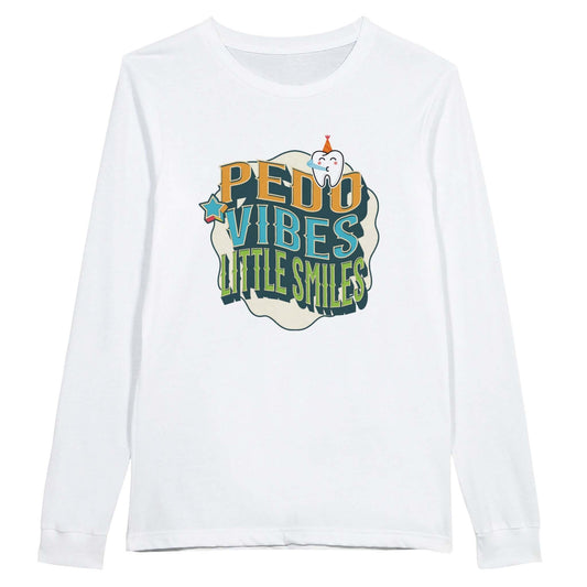 Personalized Premium Unisex Long Sleeve T-shirt with 'PEDO VIBES, Little Smiles' design, perfect for pediatric dentistry.