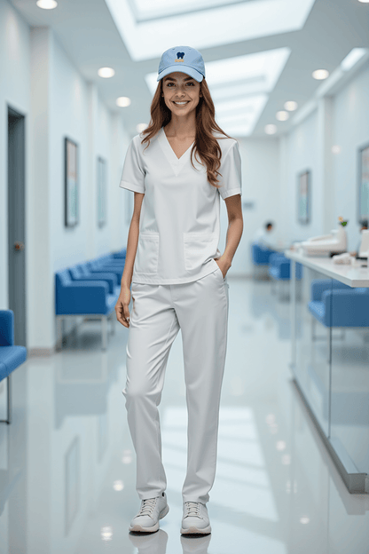 Woman in white scrubs wearing a personalized RDH dental dad cap with tooth embroidery in a professional dental setting.