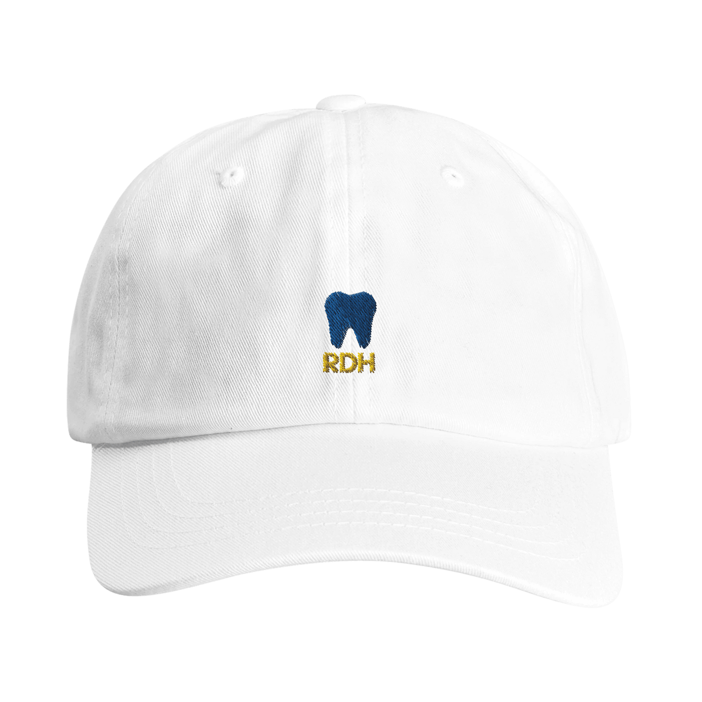 Personalized RDH Dental Dad Cap with tooth embroidery and custom text option on Yupoong cotton twill.