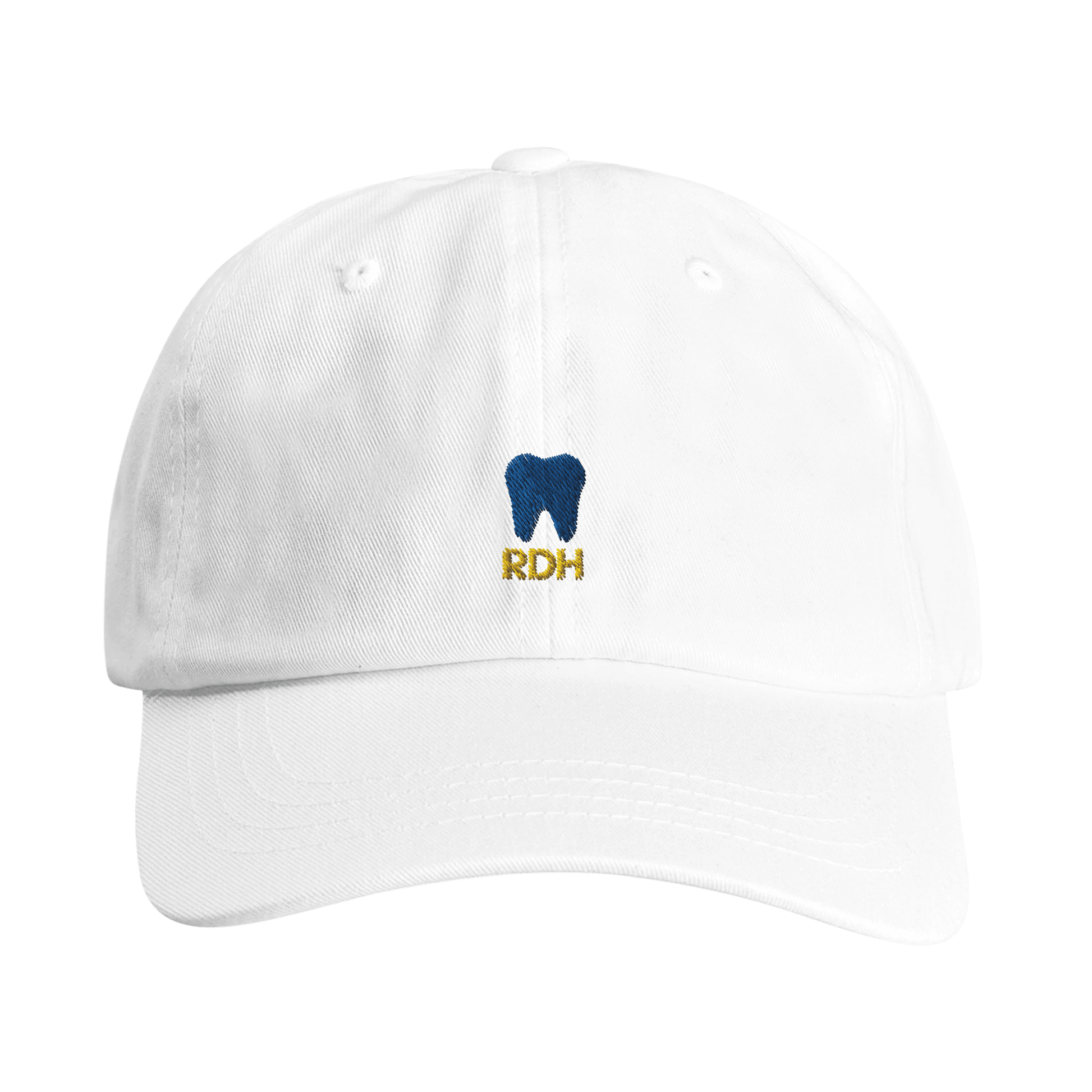 Personalized RDH Dental Dad Cap with tooth embroidery and custom text option on Yupoong cotton twill.