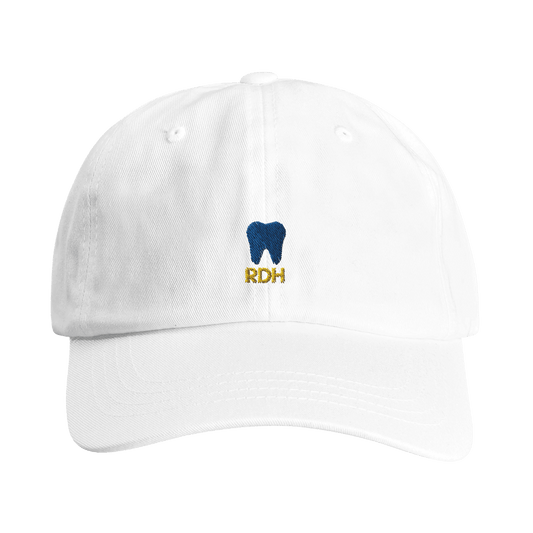 Personalized RDH Dental Dad Cap with tooth embroidery and custom text option on Yupoong cotton twill.
