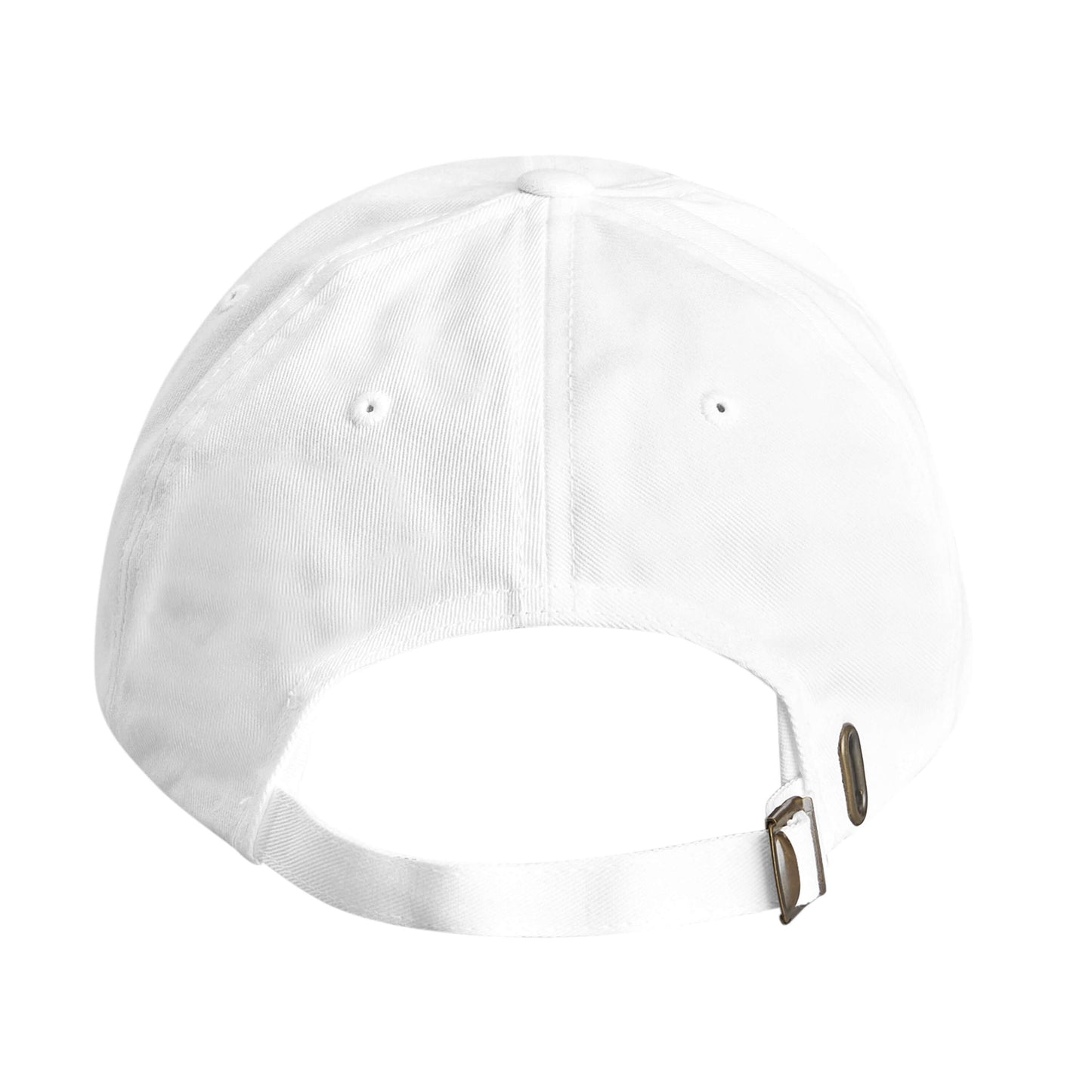 Back view of personalized RDH dental dad cap in white cotton twill with adjustable strap and low-profile design.