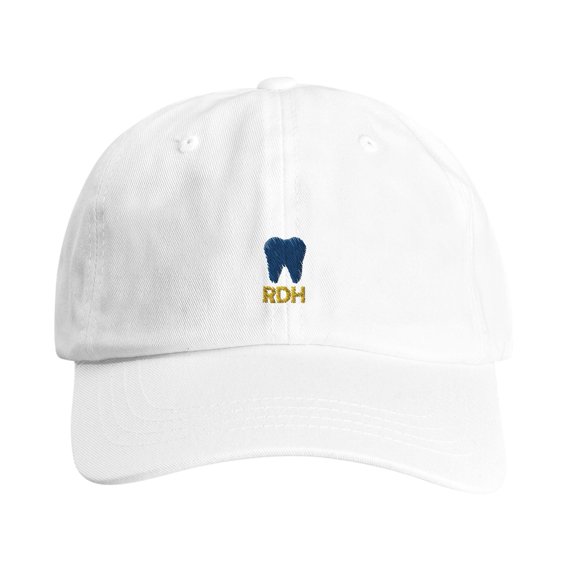 Personalized RDH Dental Dad Cap with tooth embroidery on white cotton twill, perfect for dental professionals.