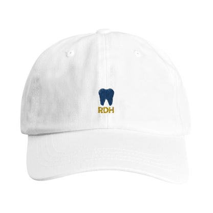 Personalized RDH Dental Dad Cap with tooth embroidery on white cotton twill, perfect for dental professionals.