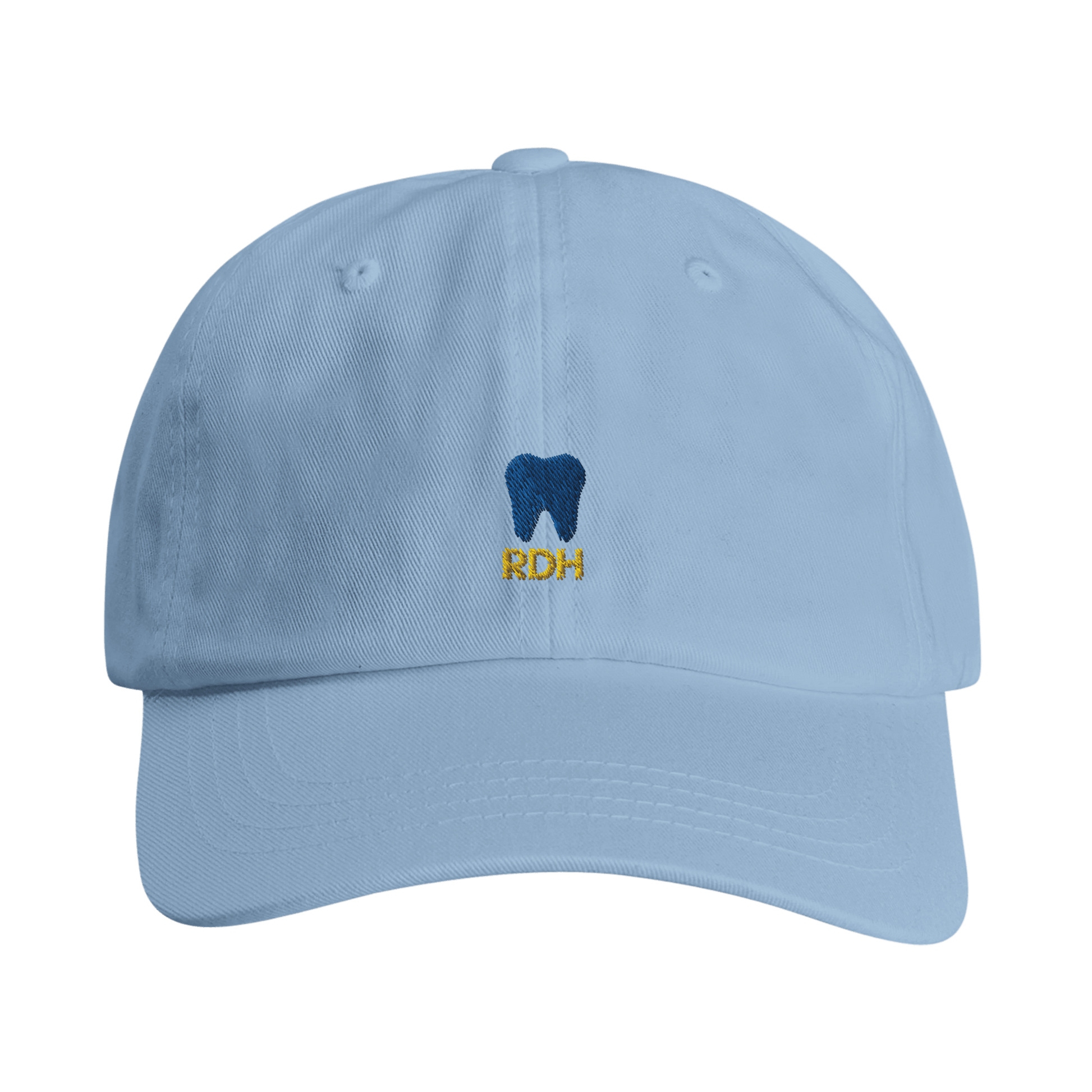 Personalized RDH Dental Dad Cap with tooth embroidery and RDH text on blue cotton twill fabric.