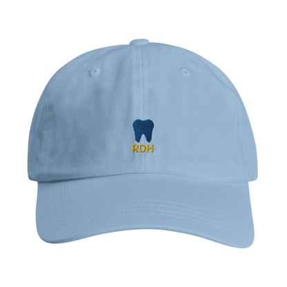 Personalized RDH Dental Dad Cap with tooth embroidery and RDH text on blue cotton twill fabric.
