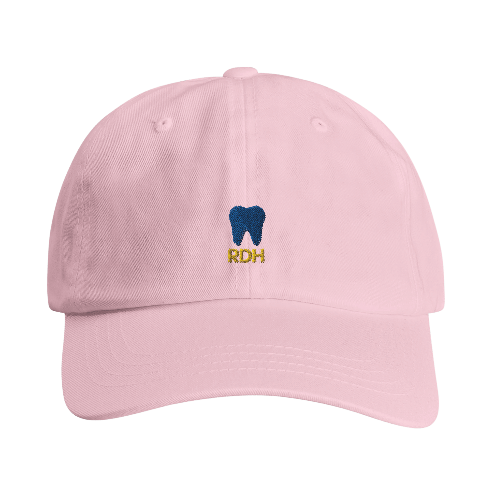 Personalized RDH Dental Dad Cap in pink with tooth embroidery and RDH text design on Yupoong Cotton Twill.