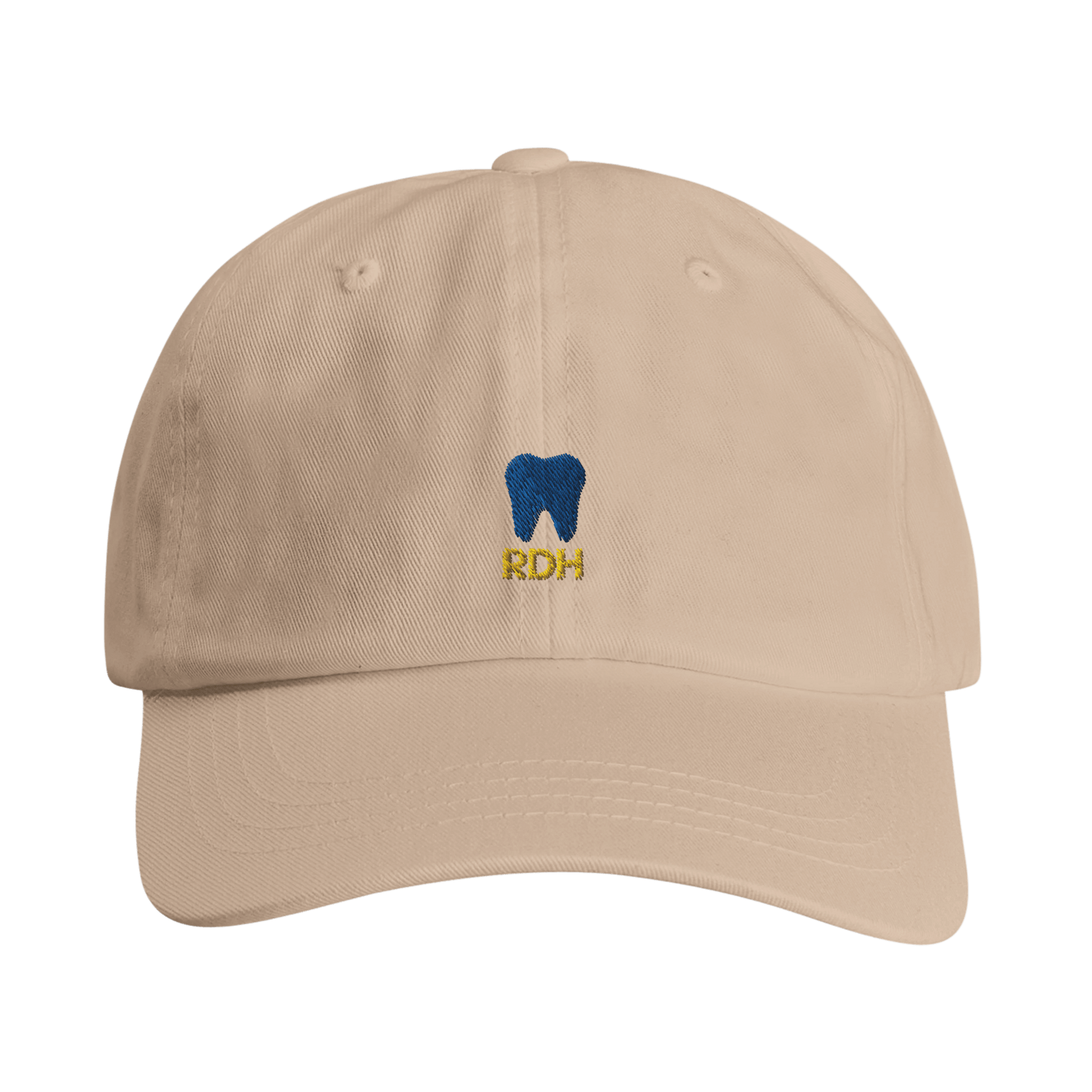 Personalized RDH Dental Dad Cap with tooth embroidery on Yupoong low-profile cotton twill.
