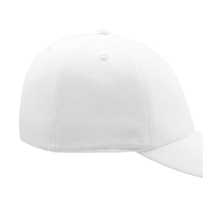 White Yupoong low-profile dad cap with a smooth cotton twill finish, ideal for personalization and comfort.