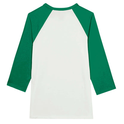 Back view of Personalized Unisex 3/4 Sleeve Raglan T-Shirt in green and white design.