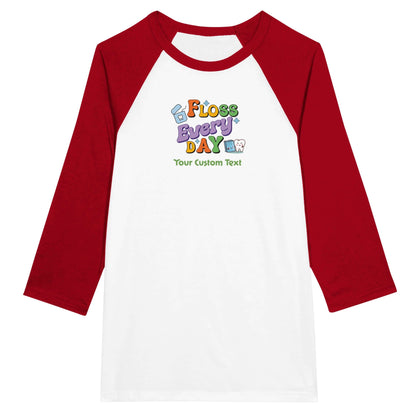 Personalized Unisex 3/4 Sleeve Raglan T-Shirt | Floss Everyday with custom text and colorful design.