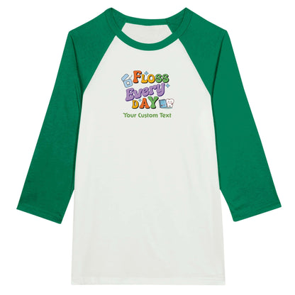 Personalized Unisex 3/4 Sleeve Raglan T-Shirt | Floss Everyday with custom text and colorful design.