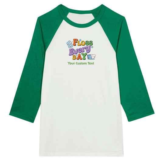 Personalized Unisex 3/4 Sleeve Raglan T-Shirt | Floss Everyday with custom text and colorful design.