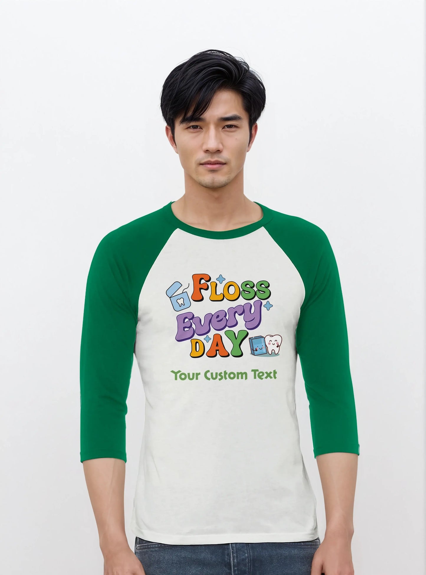 Personalized Unisex 3/4 Sleeve Raglan T-Shirt | Floss Everyday design featuring custom text on a model.