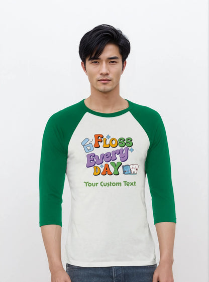 Personalized Unisex 3/4 Sleeve Raglan T-Shirt | Floss Everyday design featuring custom text on a model.