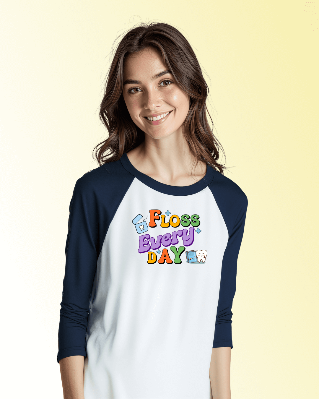 Personalized Unisex 3/4 Sleeve Raglan T-Shirt featuring 'Floss Everyday' design, worn by a smiling woman.