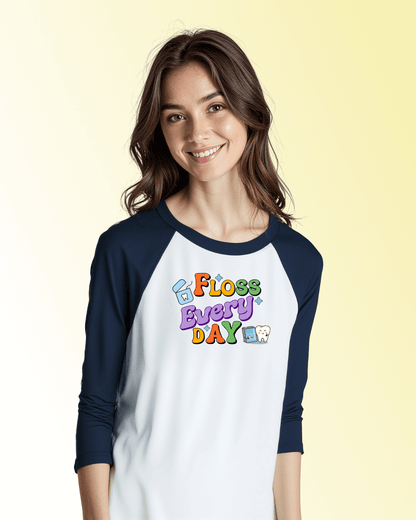 Personalized Unisex 3/4 Sleeve Raglan T-Shirt featuring 'Floss Everyday' design, worn by a smiling woman.