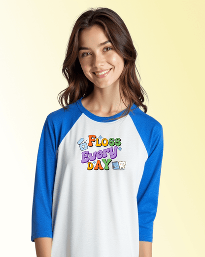 Personalized Unisex 3/4 Sleeve Raglan T-Shirt featuring 'Floss Every DAY' design on a smiling young woman.