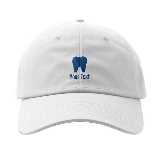 Personalized fitted baseball cap with tooth embroidered design and custom text option.