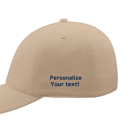 Personalized fitted baseball cap in beige with customizable text for White Coat Ceremony.