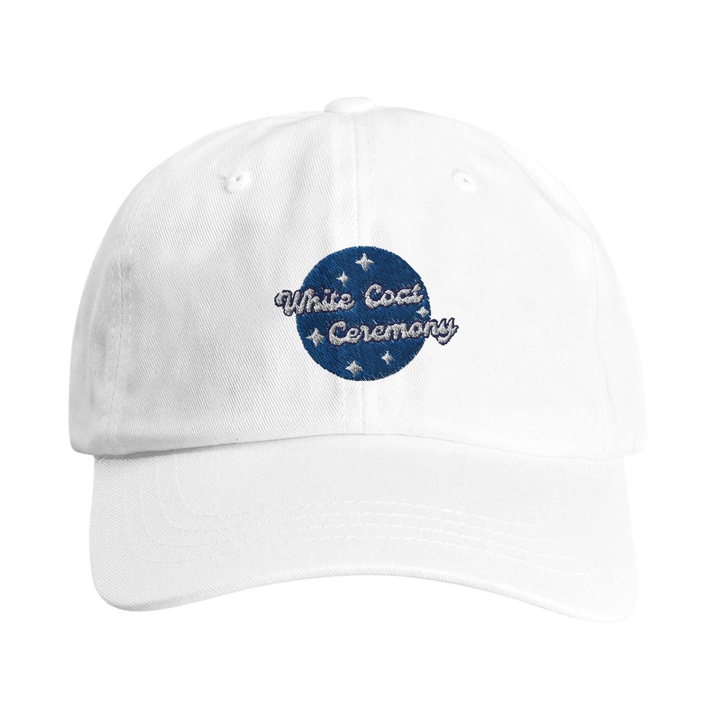 White dad cap featuring 'White Coat Ceremony' embroidery, ideal for future dentists on their special day.