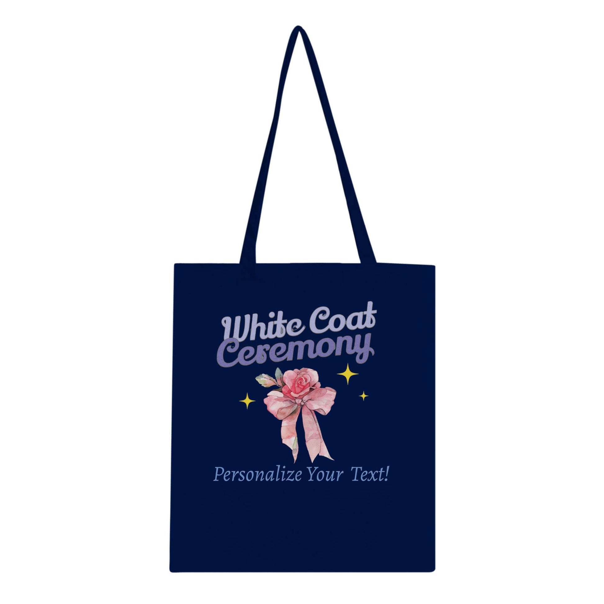 White Coat Ceremony Personalized Classic Tote Bag with floral design, navy blue color, and customizable text option.