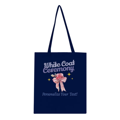 White Coat Ceremony Personalized Classic Tote Bag with floral design, navy blue color, and customizable text option.