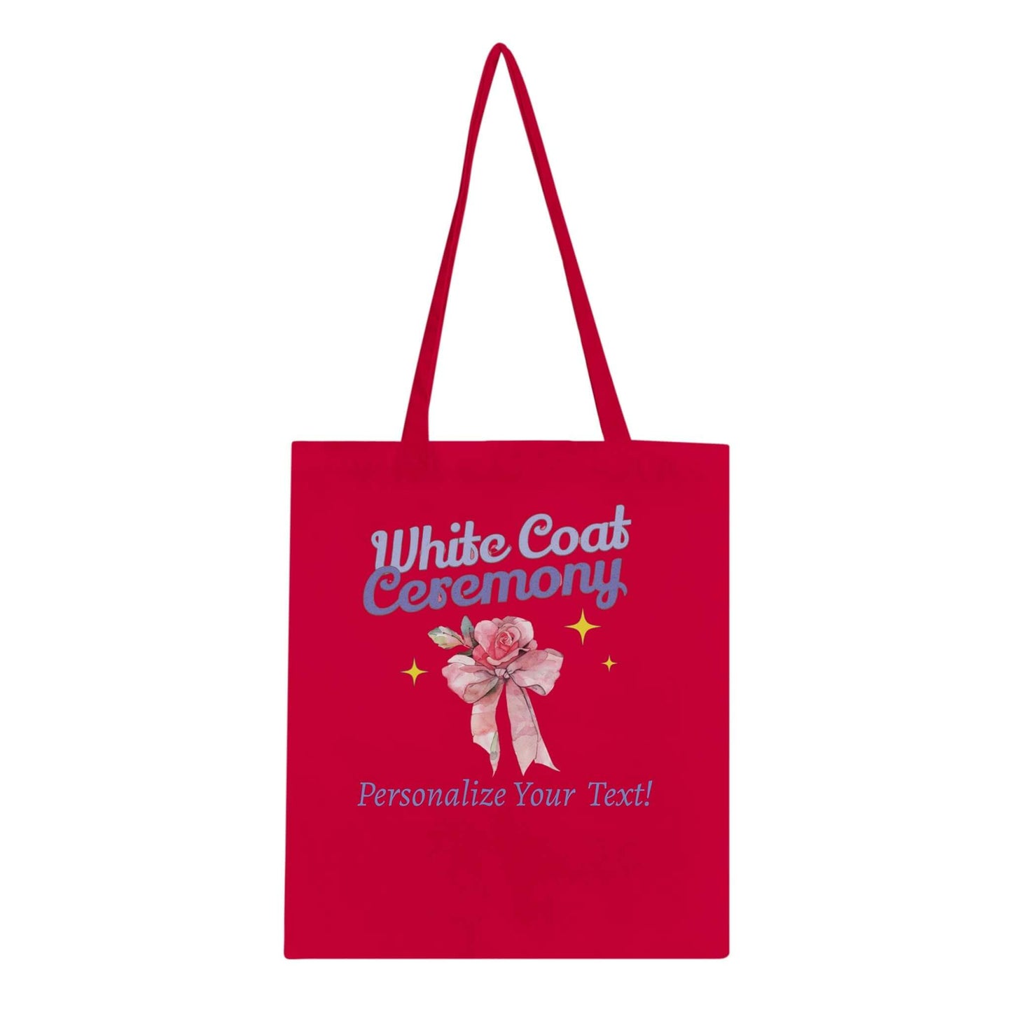 Red tote bag design for White Coat Ceremony with customizable text option.